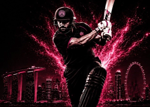 Cricket batter playing a drive against the Singapore skyline, KINGS CLUB junior and senior cricket registration